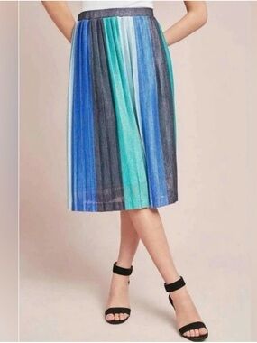 Maeve Striped Pleated Midi Sparkle Skirt in Blue and Teal
